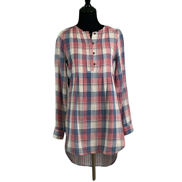 HOLDING HORSES Pink Plaid Long Sleeves Tunic Blouse XS - Picture 1 of 12